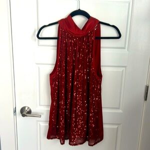 Women’s sequin front sleeveless tie back cranberry elegant top size large